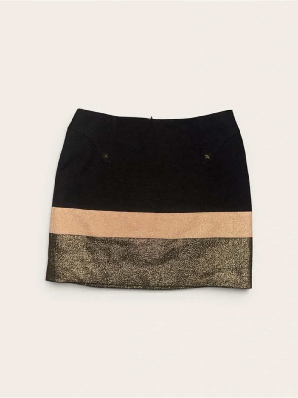 Black Metallic Gold and Beige Stripe Star Studded Decals Mini Skirt Western Look